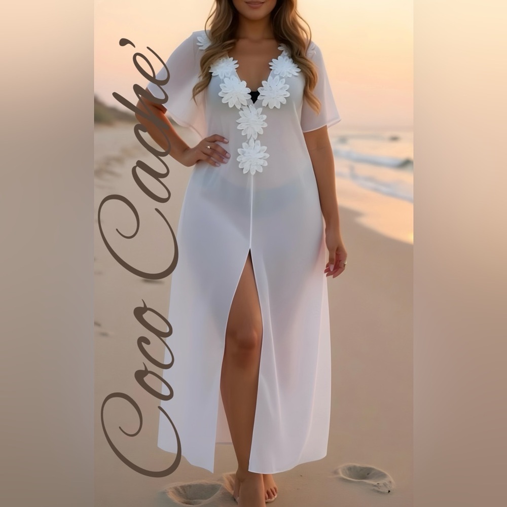 Embroidered Floral V-neck Short Sleeves Swimsuit Coverup Kaftan Long Poncho